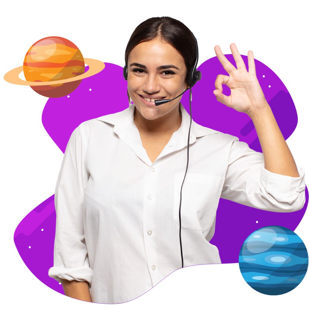 Ejecutiva de call center con fondo espacial